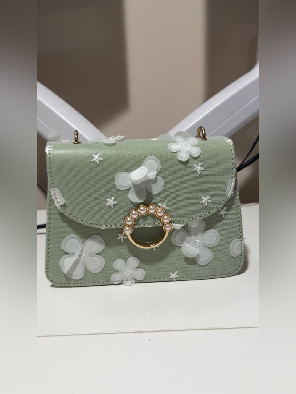 Mint Floral Pearl Ring Crossbody Bag.. Great for wedding, parties